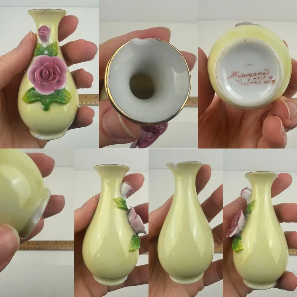 Vtg 40s/50s Maruyama Miniature Small‎ Vases Pink Rose Floral Japan Damaged READ